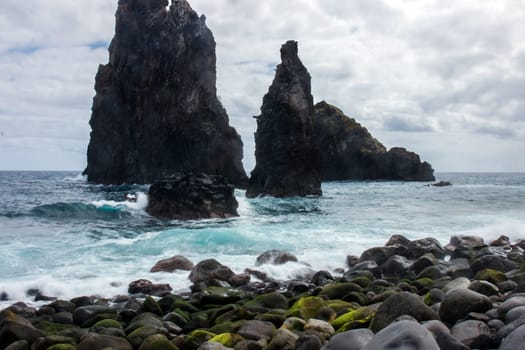 Volcanic rocky formations in Ribeira da Janela, Madeira Island, Portugal.