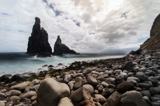 Volcanic rocky formations in Ribeira da Janela, Madeira Island, Portugal.