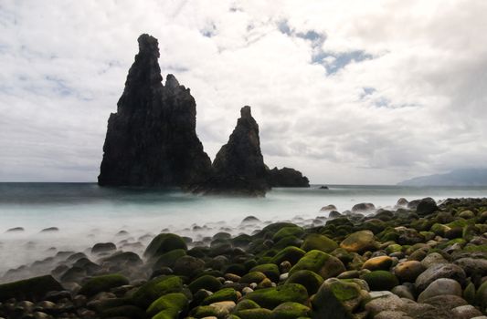 Volcanic rocky formations in Ribeira da Janela, Madeira Island, Portugal.