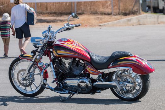 View of the pristine shiny  details of a classic motorcycle.
