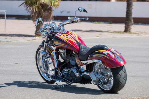 View of the pristine shiny  details of a classic motorcycle.