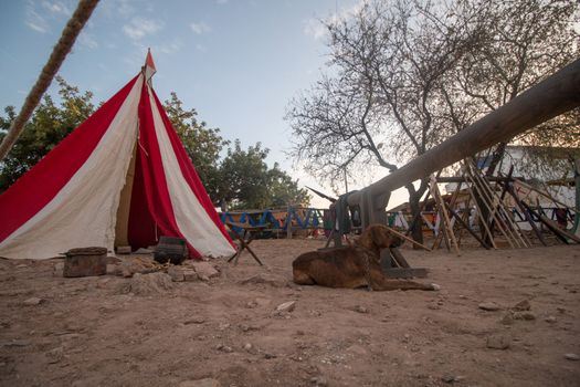 View of a typical medieval camp site with tents.