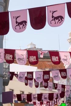 View of Medieval flags in festival in a park.