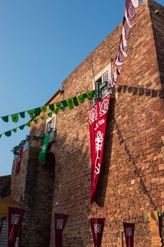 View of Medieval flags in festival in a park.