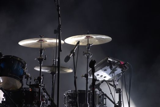 Close up view of audio stage drums musical instrument.