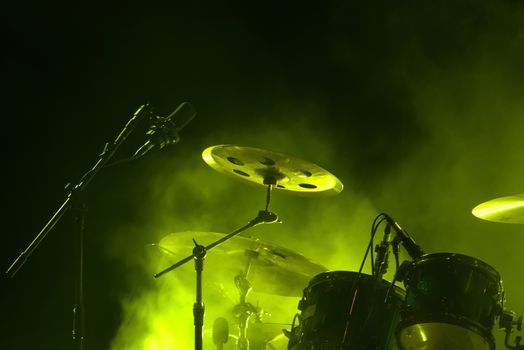 Close up view of audio stage drums musical instrument.