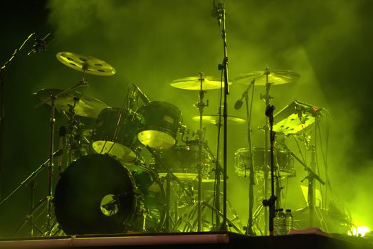 Close up view of audio stage drums musical instrument.