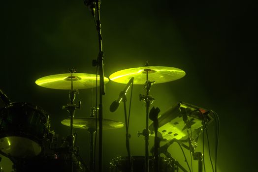 Close up view of audio stage drums musical instrument.