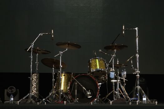 Close up view of audio stage drums musical instrument.