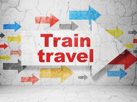 Vacation concept:  arrow with Train Travel on grunge textured concrete wall background, 3D rendering