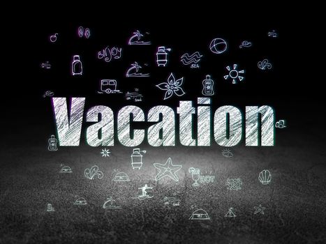 Travel concept: Glowing text Vacation,  Hand Drawn Vacation Icons in grunge dark room with Dirty Floor, black background