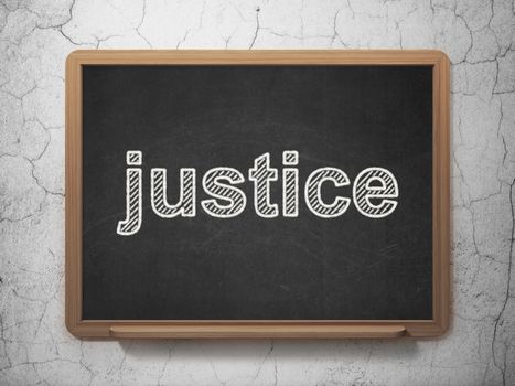 Law concept: text Justice on Black chalkboard on grunge wall background, 3D rendering