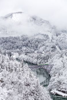 Winter landscape snow covered trees with train crossin River on Bridge