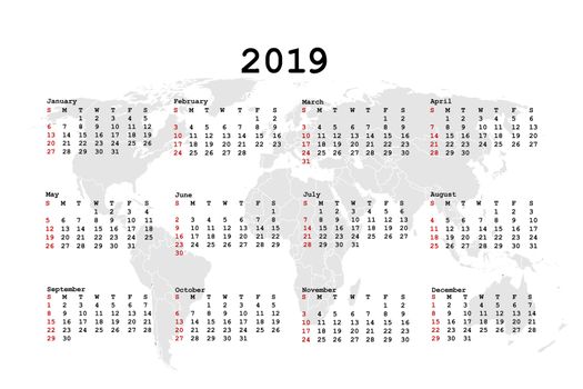 2019 Calendar for agenda with world map