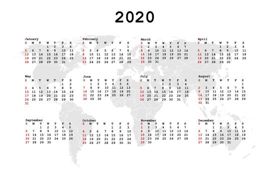 2020 Calendar for agenda with world map