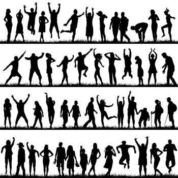 Silhouettes of women and men set outdoor