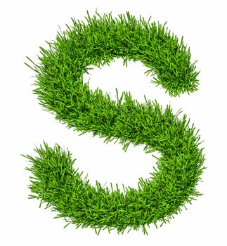 Letter of grass alphabet. Grass letter S isolated on white background. 3d illustration