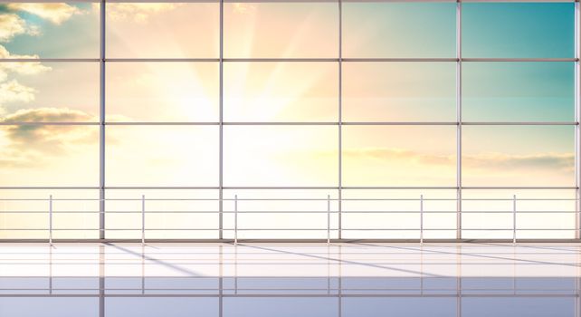 Interior of modern hall with big window and tiled floor. Beautiful sunrise or sunset in the background. 3d illustration