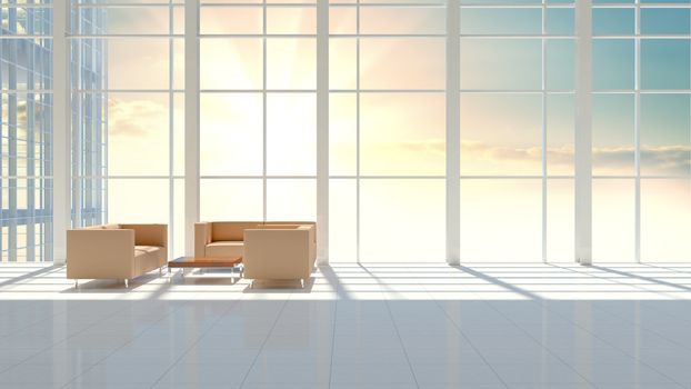 Interior of modern hall with big window and tiled floor. Beautiful sunrise or sunset in the background. 3d illustration