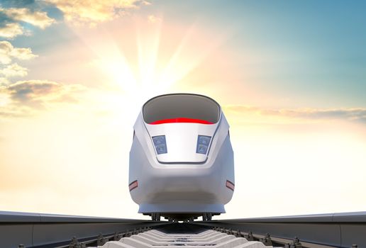 Modern high-speed train on the railway. Front view. Beautiful sunrise or sunset in the background. 3d illustration