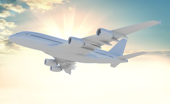 Commercial passenger airplane on beautiful colorful sunset background. 3d illustration