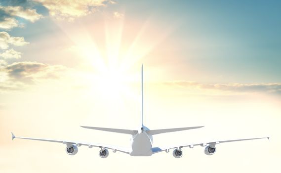 Commercial passenger airplane on beautiful colorful sunset background. 3d illustration