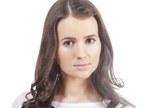  portrait of young woman with long dark hair isolated on white