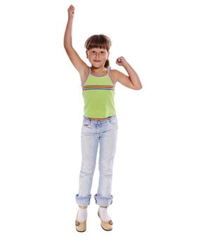 Happy excited Jumping up girl isolated on white