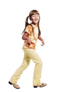 Happy excited walking girl isolated on white