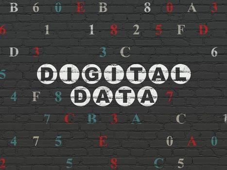Data concept: Painted white text Digital Data on Black Brick wall background with Hexadecimal Code