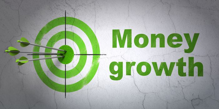 Success banking concept: arrows hitting the center of target, Green Money Growth on wall background, 3D rendering