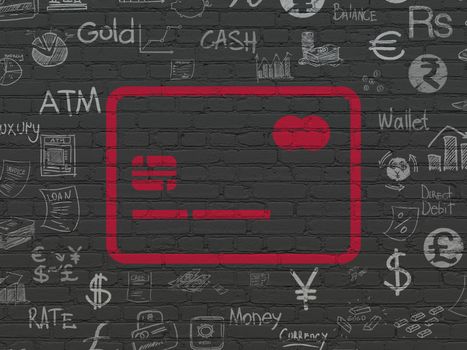 Currency concept: Painted red Credit Card icon on Black Brick wall background with  Hand Drawn Finance Icons