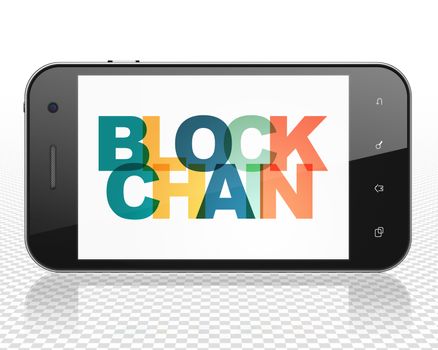 Banking concept: Smartphone with Painted multicolor text Blockchain on display, 3D rendering