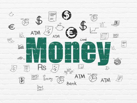 Banking concept: Painted green text Money on White Brick wall background with  Hand Drawn Finance Icons