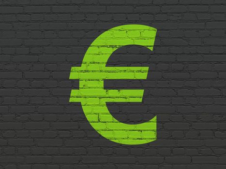 Currency concept: Painted green Euro icon on Black Brick wall background