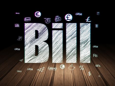 Banking concept: Glowing text Bill,  Hand Drawn Finance Icons in grunge dark room with Wooden Floor, black background