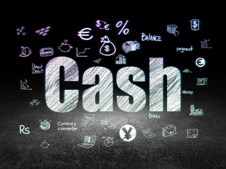 Money concept: Glowing text Cash,  Hand Drawn Finance Icons in grunge dark room with Dirty Floor, black background
