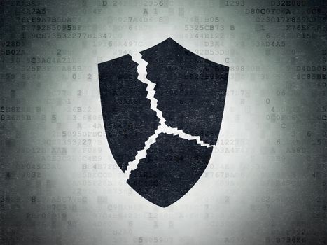Security concept: Painted black Broken Shield icon on Digital Data Paper background