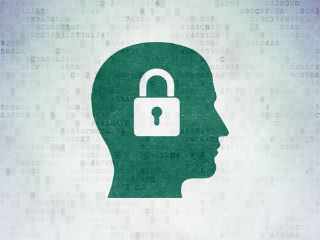 Business concept: Painted green Head With Padlock icon on Digital Data Paper background