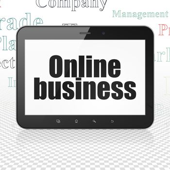 Business concept: Tablet Computer with  black text Online Business on display,  Tag Cloud background, 3D rendering