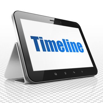 Timeline concept: Tablet Computer with blue text Timeline on display, 3D rendering