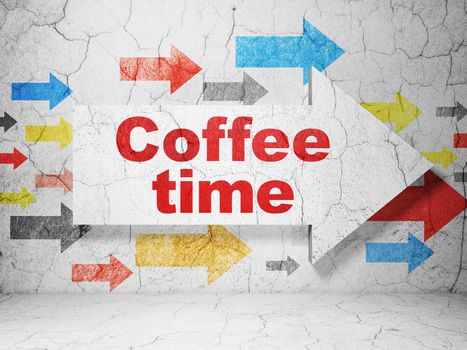 Timeline concept:  arrow with Coffee Time on grunge textured concrete wall background, 3D rendering