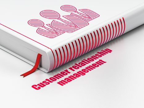 Advertising concept: closed book with Red Business People icon and text Customer Relationship Management on floor, white background, 3D rendering