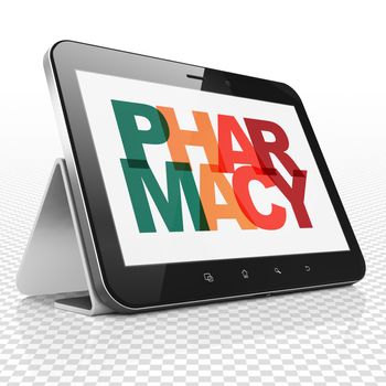 Health concept: Tablet Computer with Painted multicolor text Pharmacy on display, 3D rendering