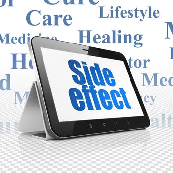 Medicine concept: Tablet Computer with  blue text Side Effect on display,  Tag Cloud background, 3D rendering