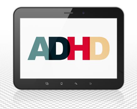 Medicine concept: Tablet Pc Computer with Painted multicolor text ADHD on display, 3D rendering