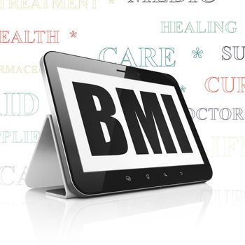 Healthcare concept: Tablet Computer with  black text BMI on display,  Tag Cloud background, 3D rendering