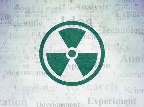 Science concept: Painted green Radiation icon on Digital Data Paper background with  Tag Cloud
