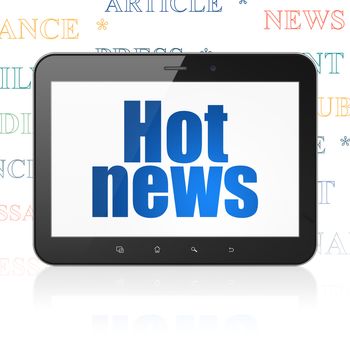 News concept: Tablet Computer with  blue text Hot News on display,  Tag Cloud background, 3D rendering