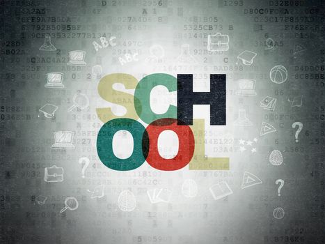 Learning concept: Painted multicolor text School on Digital Data Paper background with  Hand Drawn Education Icons